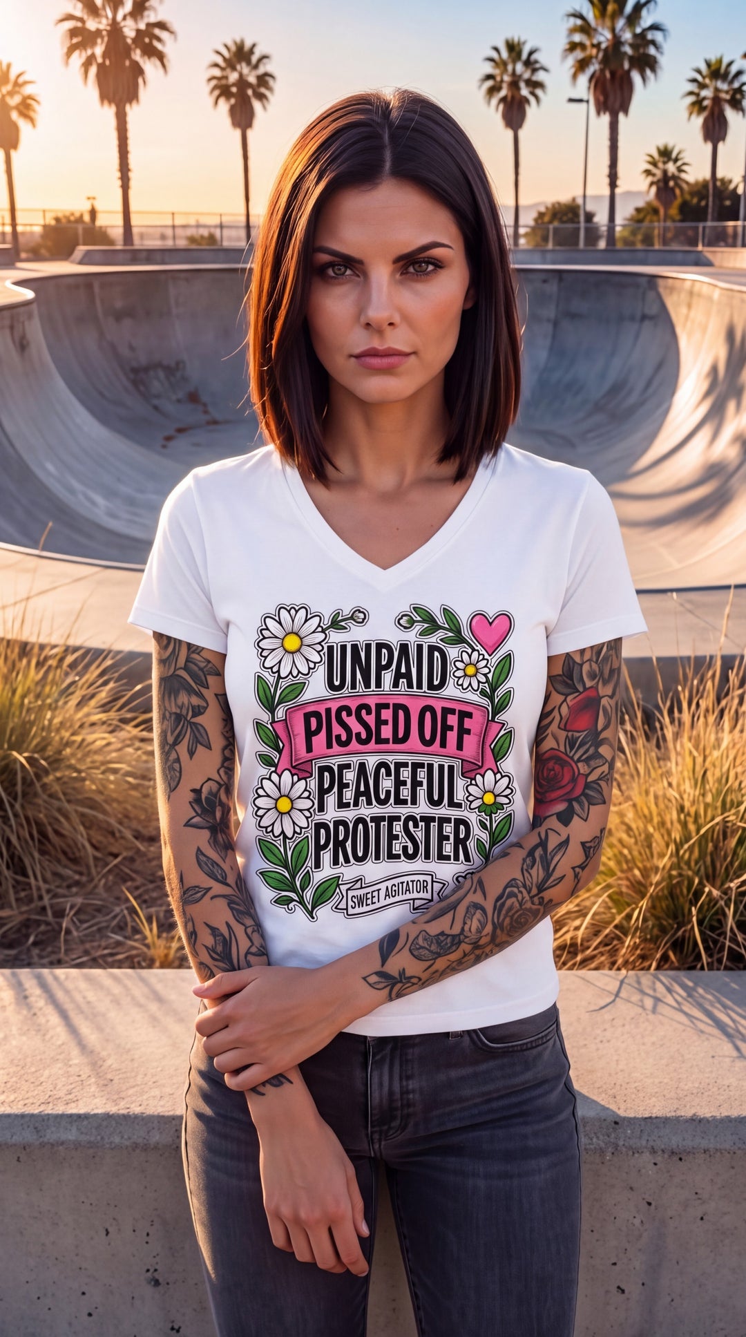 Unpaid, Pissed Off &amp; Peaceful Protester V-Neck Tee by Sweet Agitator