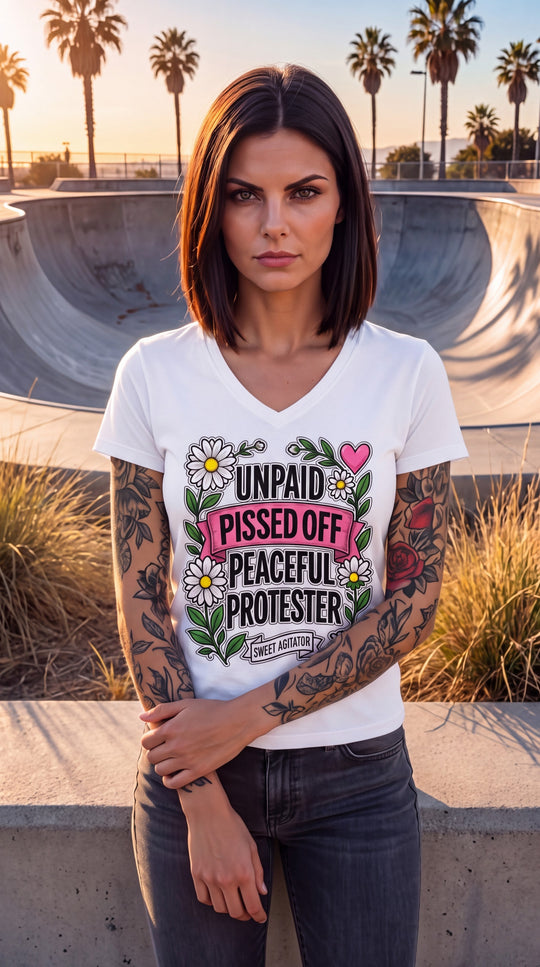 Unpaid, Pissed Off &amp; Peaceful Protester V-Neck Tee by Sweet Agitator