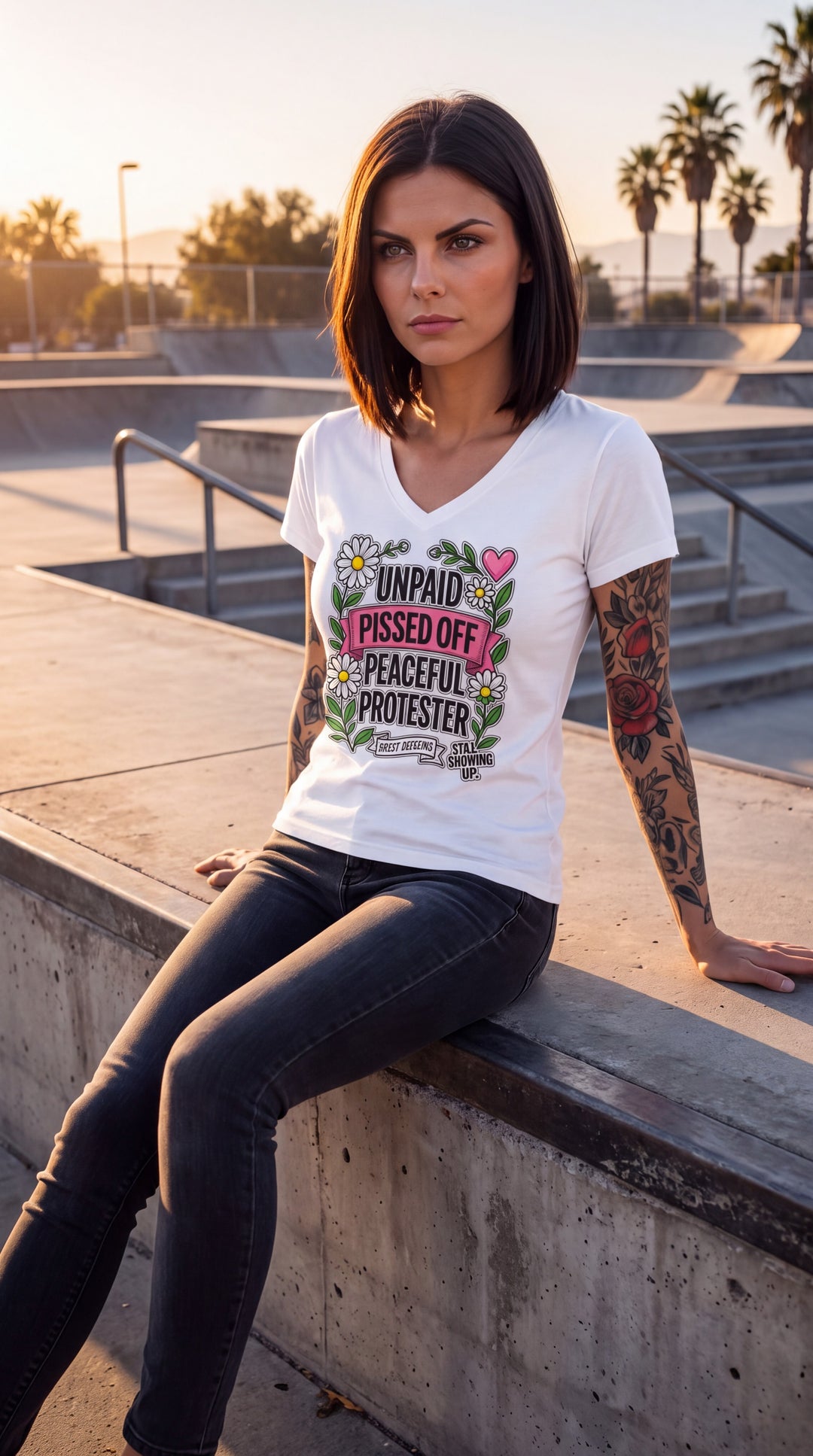 Unpaid, Pissed Off &amp; Peaceful Protester V-Neck Tee by Sweet Agitator