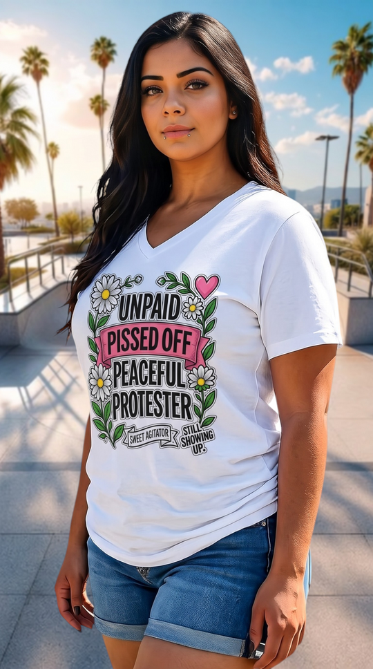 Unpaid, Pissed Off &amp; Peaceful Protester V-Neck Tee by Sweet Agitator