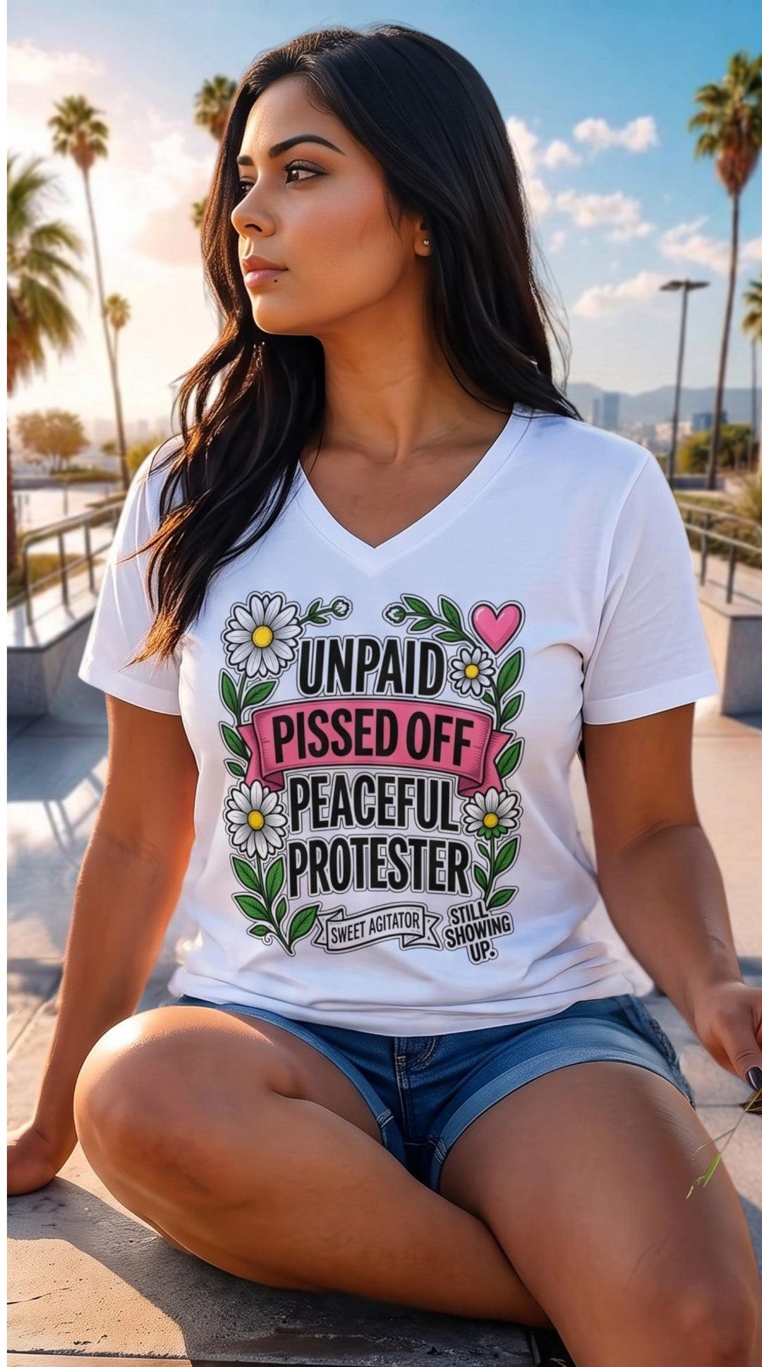 Unpaid, Pissed Off &amp; Peaceful Protester V-Neck Tee by Sweet Agitator