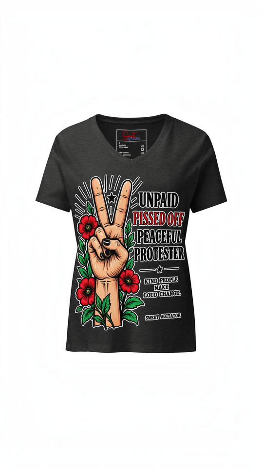 Peacefull Protestor Womens V Neck T Shirt Everyday Wear by Sweet Agitator