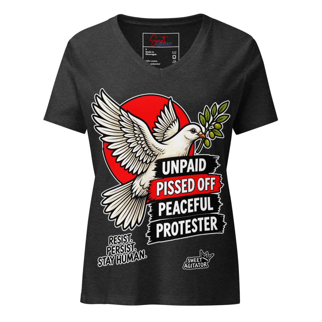 Unpaid, Pissed Off &amp; Peaceful Protester V-Neck Tee by Sweet Agitator