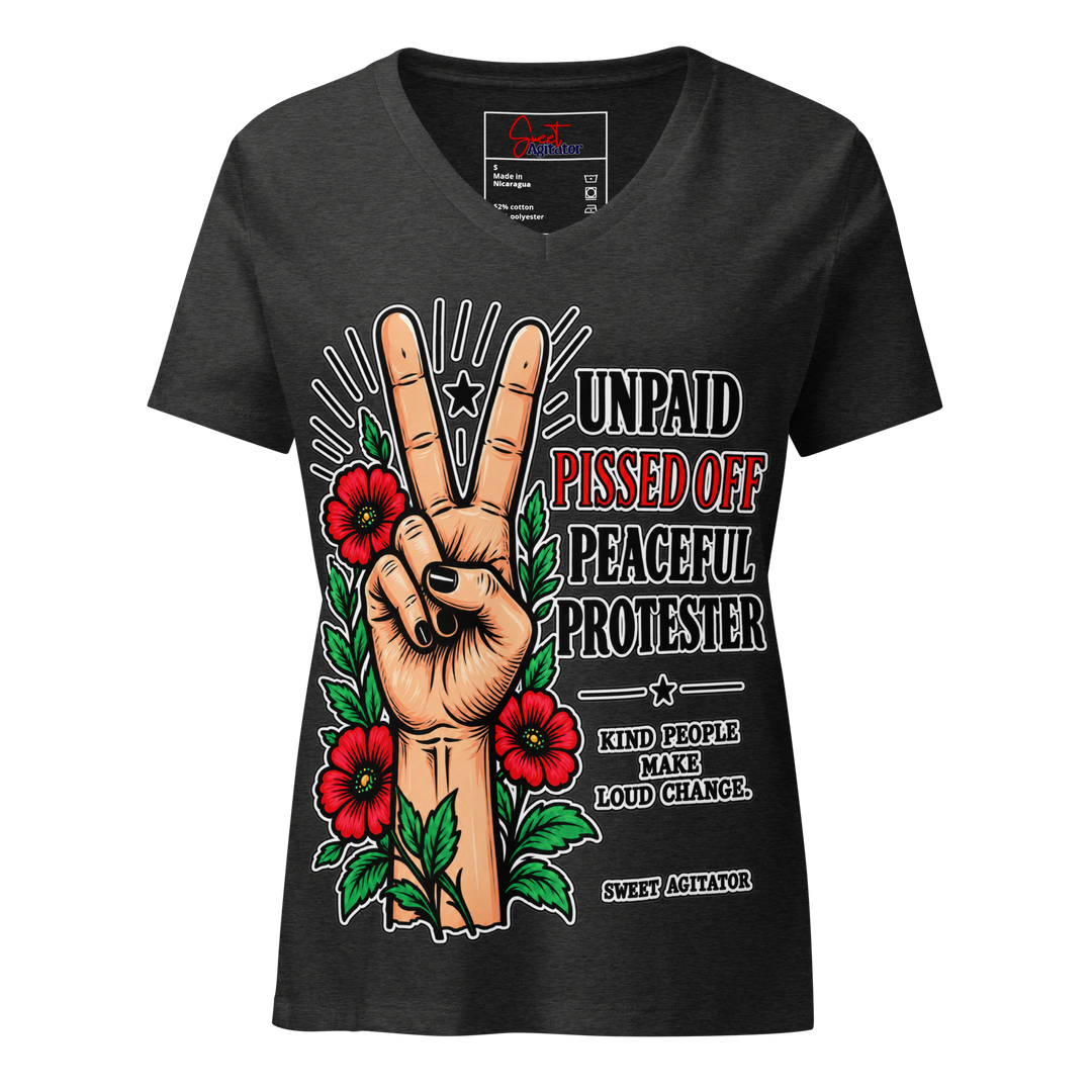 Peacefull Protestor Womens V Neck T Shirt Everyday Wear by Sweet Agitator