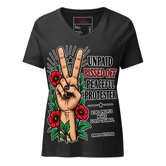 Peacefull Protestor Womens V Neck T Shirt Everyday Wear by Sweet Agitator