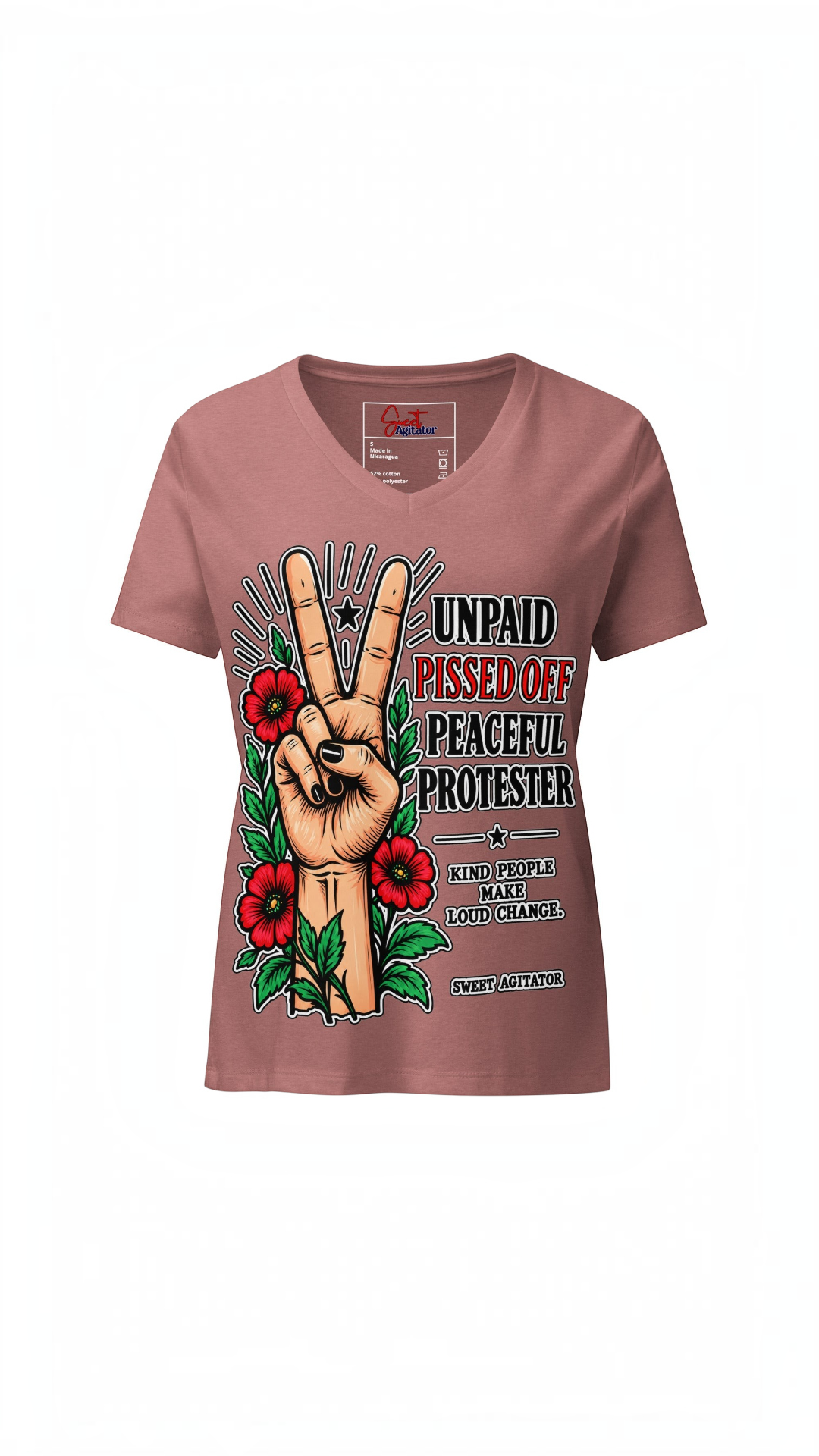 Peacefull Protestor Womens V Neck T Shirt Everyday Wear by Sweet Agitator