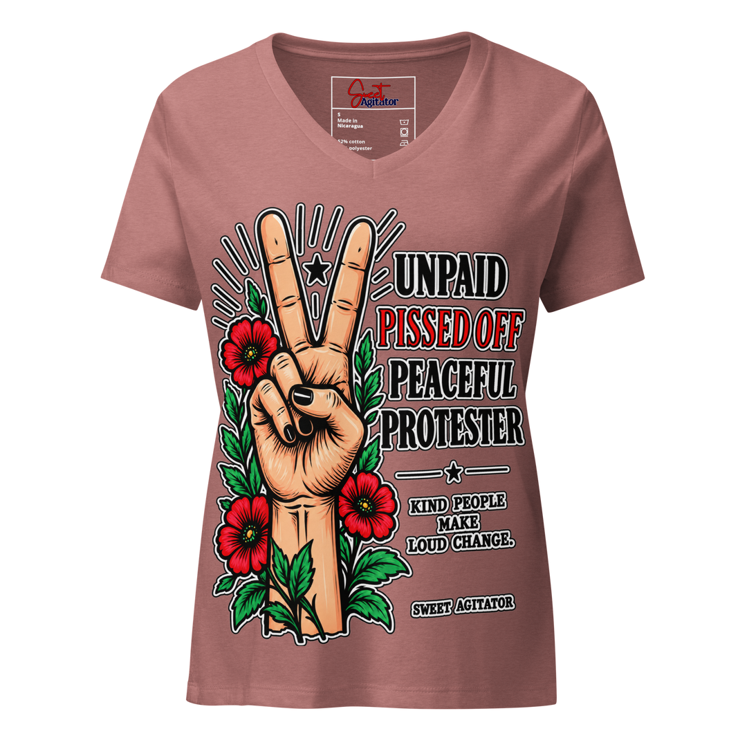 Peacefull Protestor Womens V Neck T Shirt Everyday Wear by Sweet Agitator
