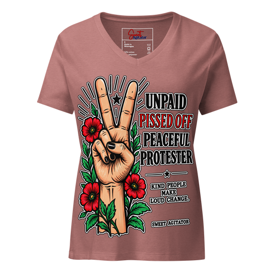 Peacefull Protestor Womens V Neck T Shirt Everyday Wear by Sweet Agitator