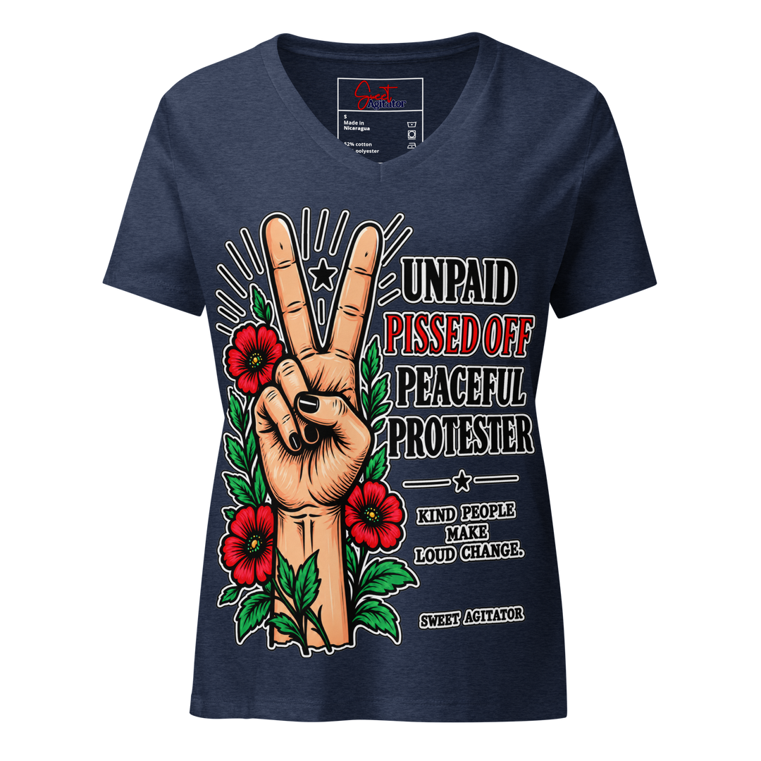 Peacefull Protestor Womens V Neck T Shirt Everyday Wear by Sweet Agitator
