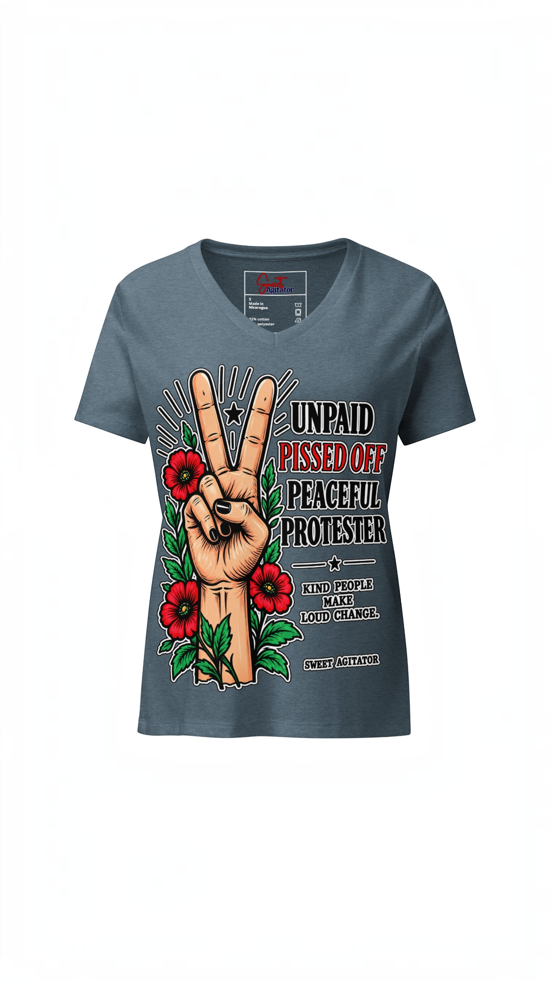 Peacefull Protestor Womens V Neck T Shirt Everyday Wear by Sweet Agitator