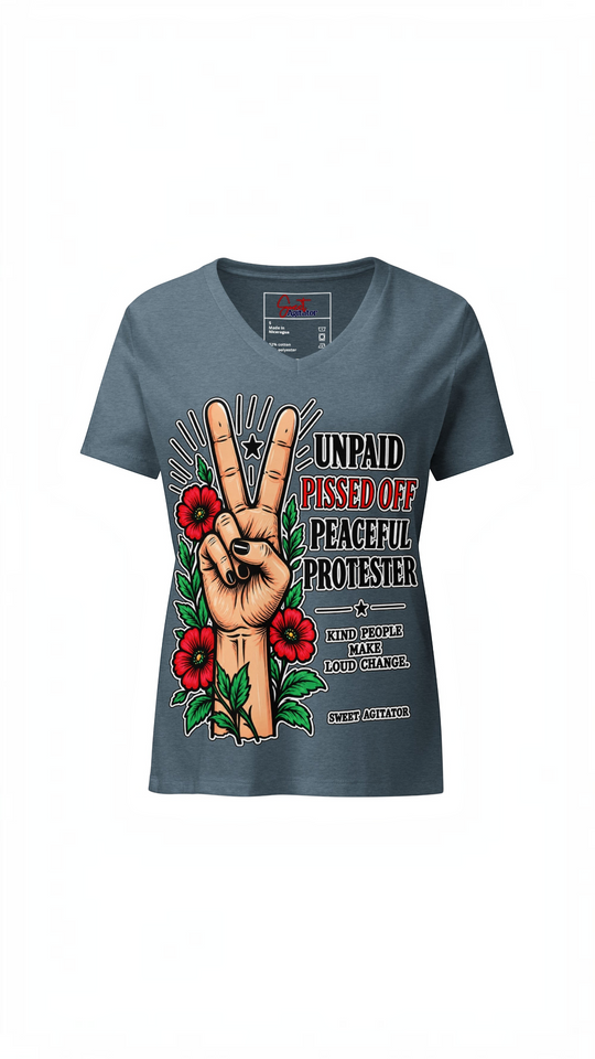 Peacefull Protestor Womens V Neck T Shirt Everyday Wear by Sweet Agitator