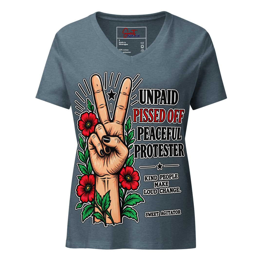 Peacefull Protestor Womens V Neck T Shirt Everyday Wear by Sweet Agitator