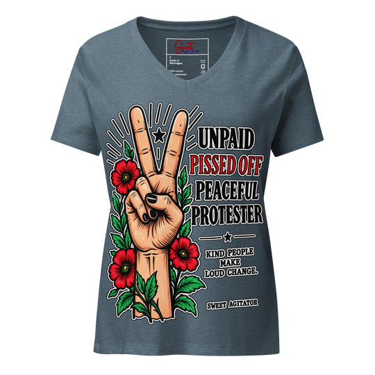 Peacefull Protestor Womens V Neck T Shirt Everyday Wear by Sweet Agitator