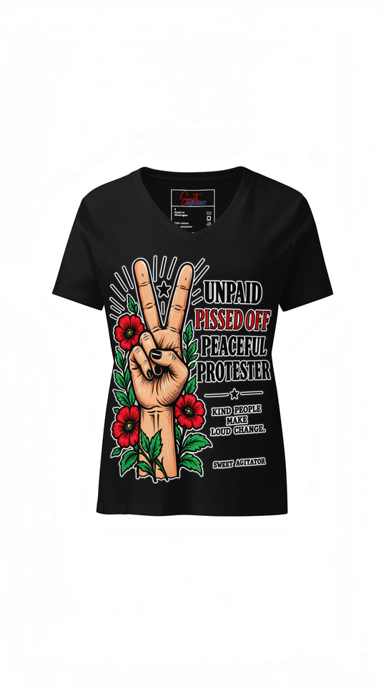 Peacefull Protestor Womens V Neck T Shirt Everyday Wear by Sweet Agitator