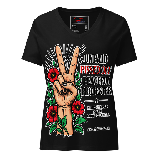 Peacefull Protestor Womens V Neck T Shirt Everyday Wear by Sweet Agitator