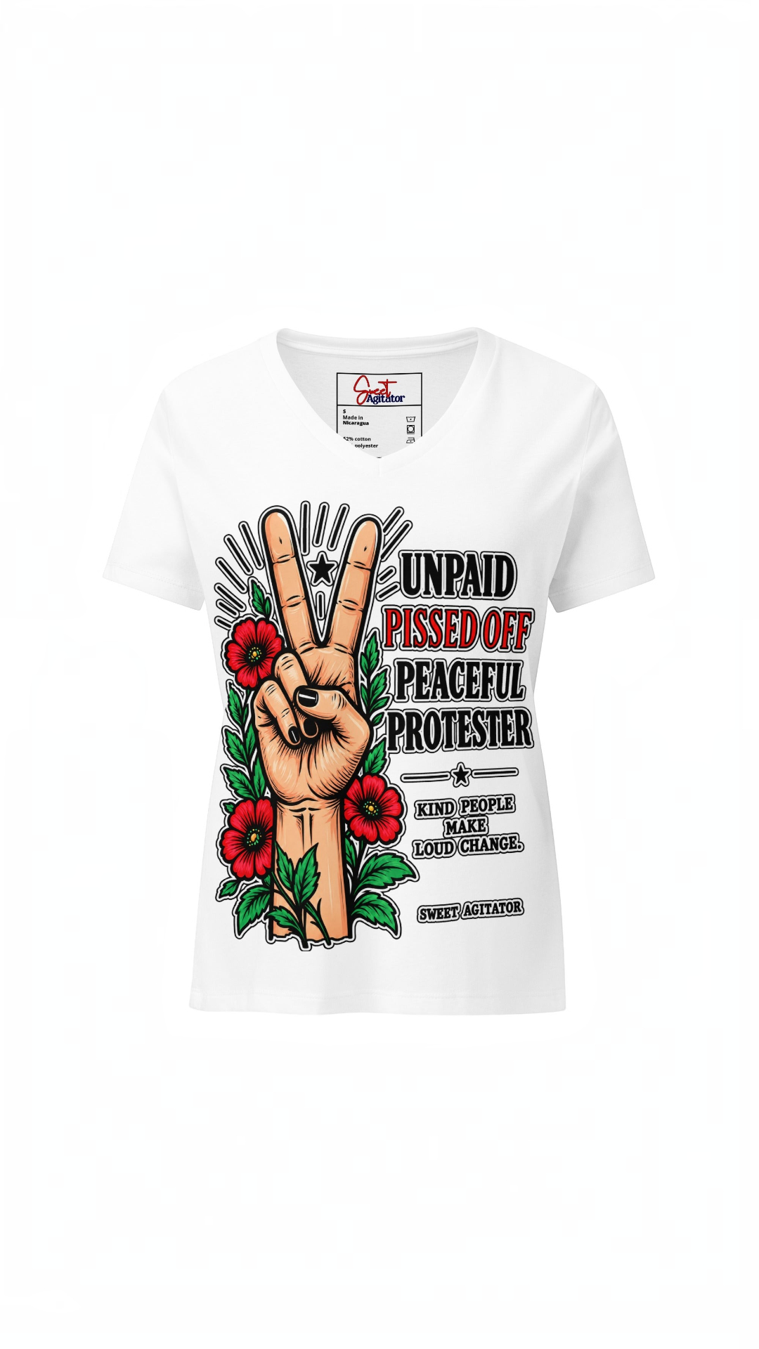 Peacefull Protestor Womens V Neck T Shirt Everyday Wear by Sweet Agitator