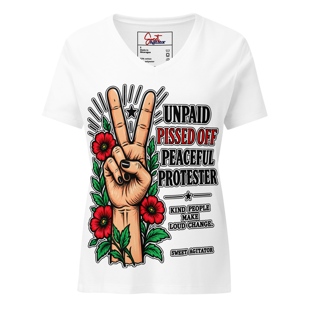Peacefull Protestor Womens V Neck T Shirt Everyday Wear by Sweet Agitator