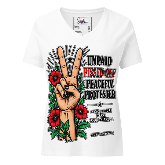 Peacefull Protestor Womens V Neck T Shirt Everyday Wear by Sweet Agitator
